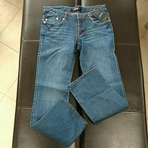 Rock and republic size 28 blue jeans, red stitch.